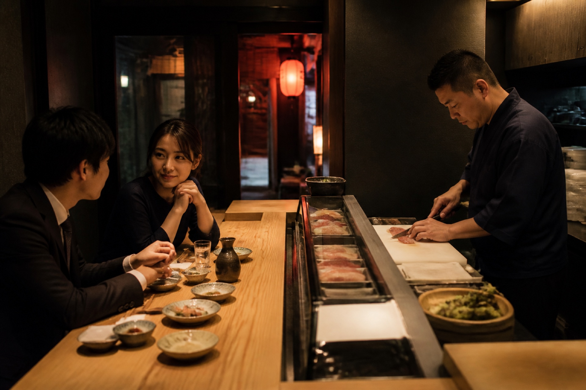 Diners watching a sushi chef work at a warmly lit wood counter
